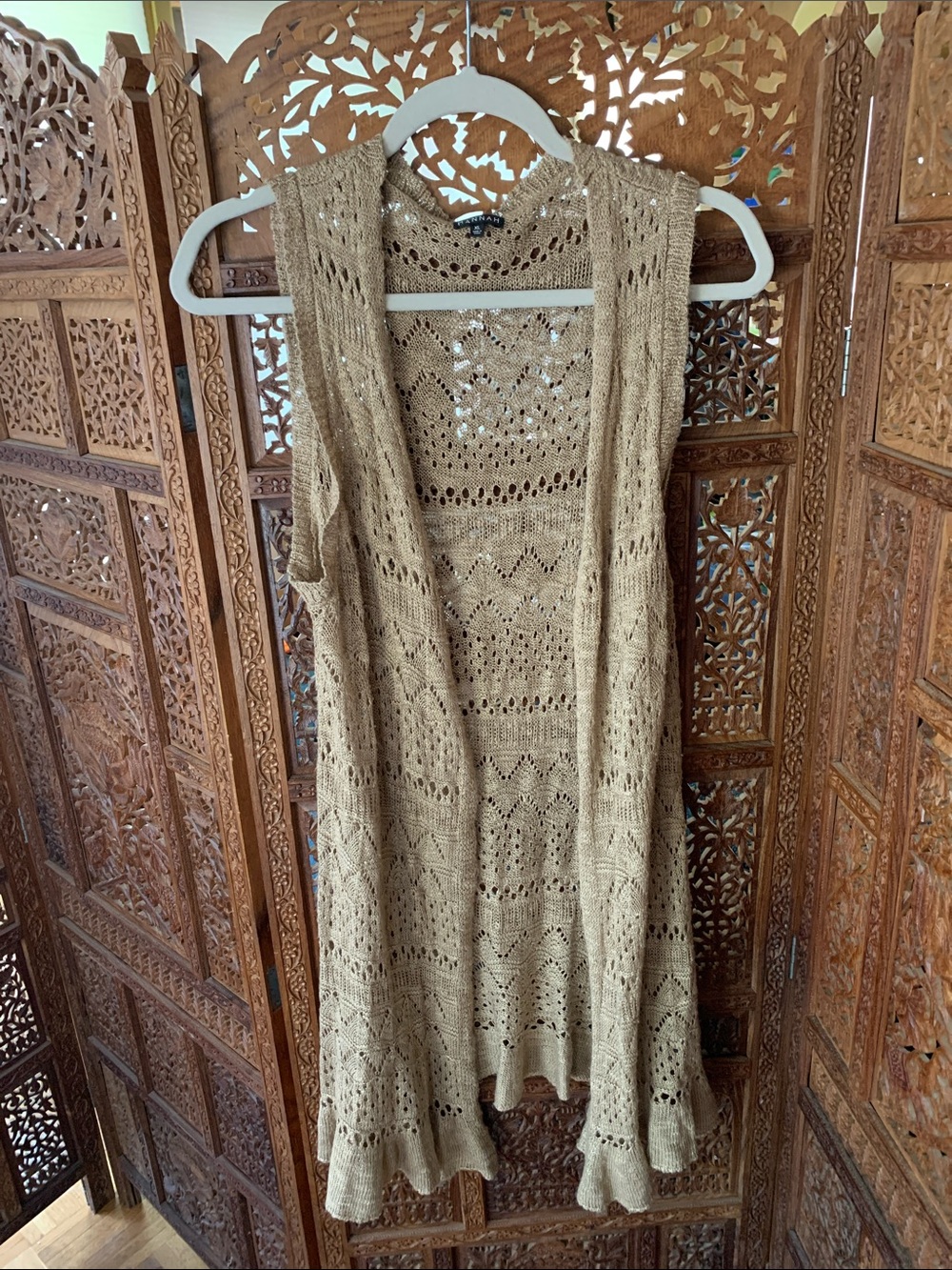 Hannah Crochet Open‑Front Tan Knit Cardigan